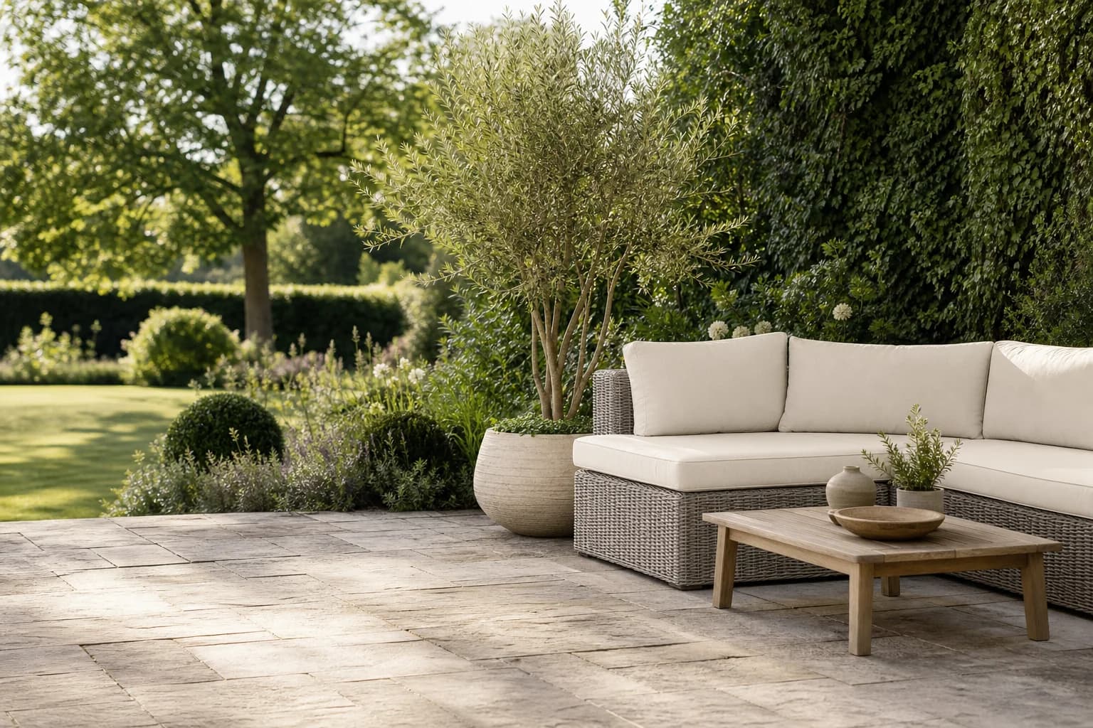 A modern lounge set on a sunlit garden patio