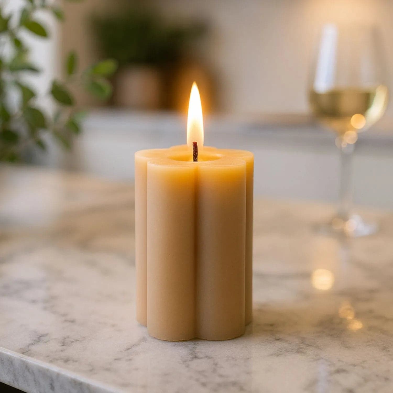 Medium Beige Taupe Scalloped Real Wax LED Flameless Pillar Candle with Realistic Flickering Flame – Battery Operated Decorative Light 12x7x7cm