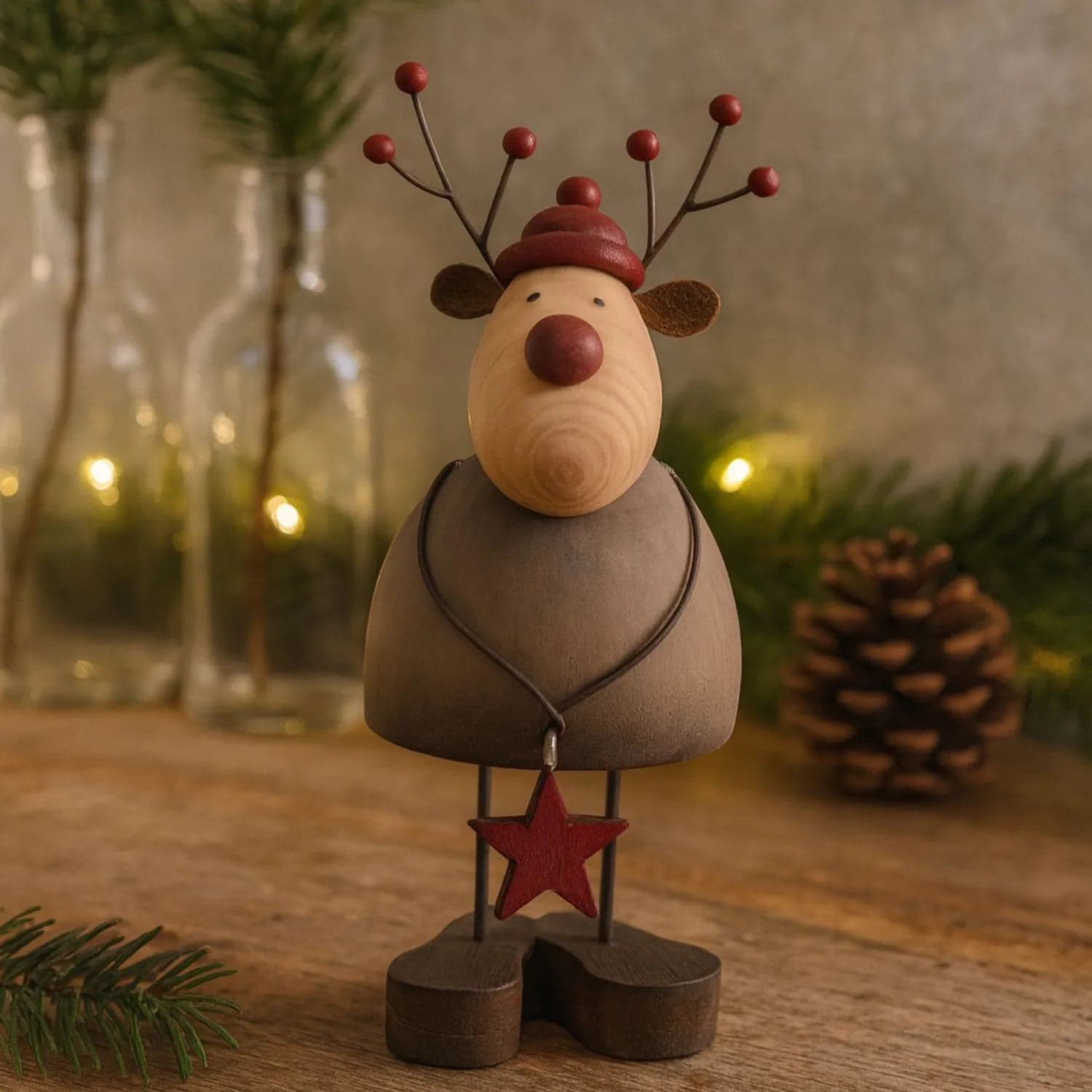 Small Rustic Standing Wooden & Metal Reindeer Ornament with Red Bobble Hat & Star Pendant – Weathered Scandi Festive Christmas Decoration 14x7x6cm
