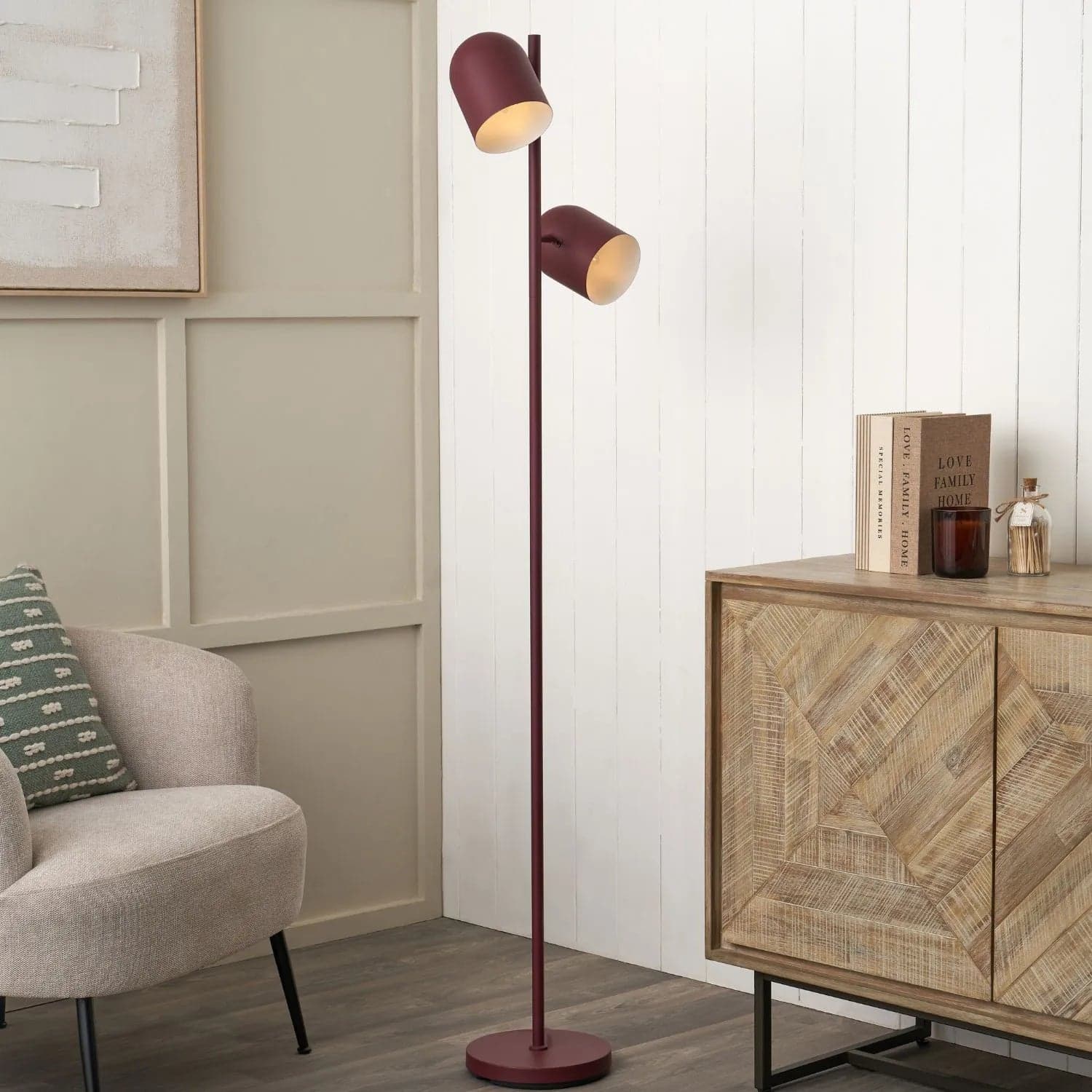 Mulberry Red Metal Floor Lamp with Twin Adjustable Cloche Shades – Modern Standing Task Light 160x39x23cm