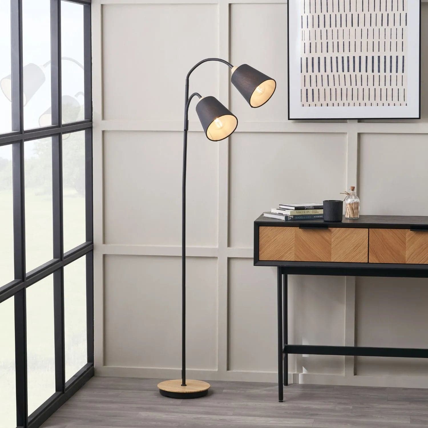 Black Metal Floor Lamp with Two Adjustable Tapered Linen Shades & Natural Wood Base – Modern Standing Light 160x56x24cm