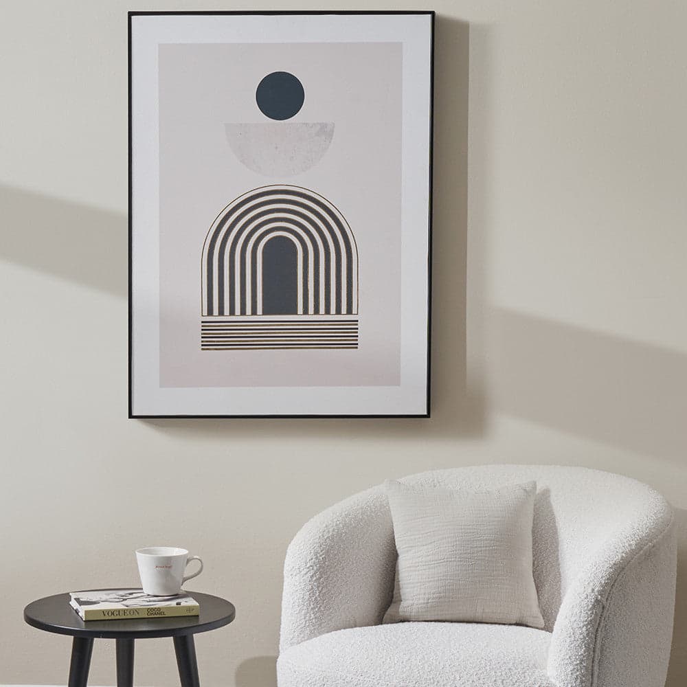 Abstract Gold Black & Stone Canvas Wall Art - Art Deco Scandi Design with Slim Black Frame 80x60cm